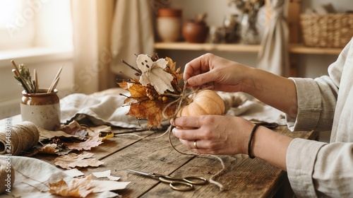 Woman making autumn and Halloween DIY crafts with mini pumpkin and ghost leaves, trending seasonal handmade decor project. Ai