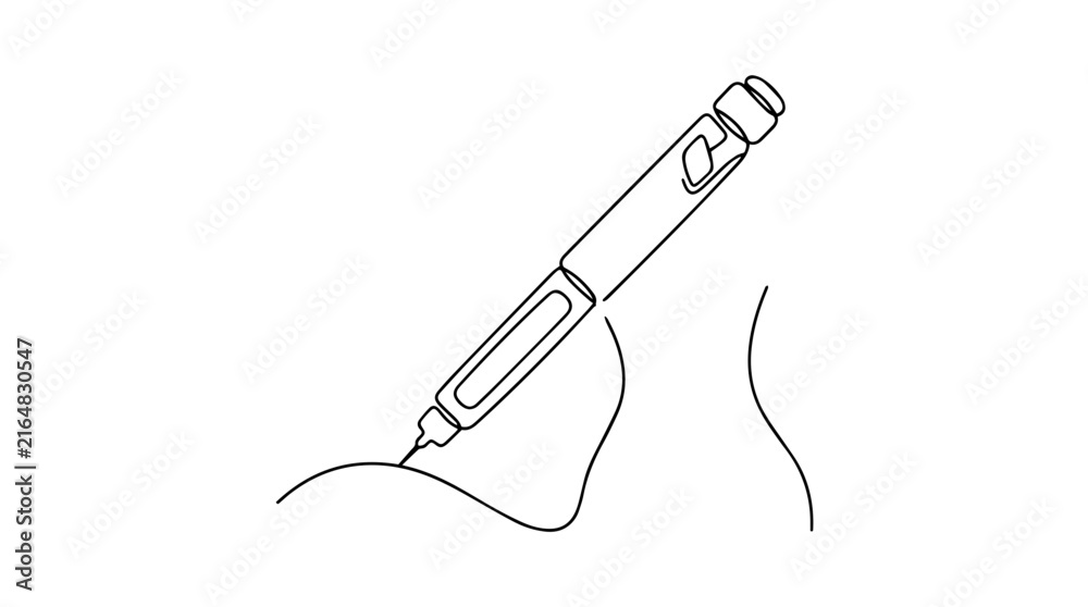 Fototapeta premium Insulin injection pen continuous line drawing. Medical treatment and weight loss concept. Minimalist vector illustration