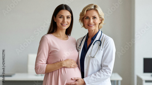 Pregnant woman and supportive doctor smiling in medical office, maternity healthcare and prenatal care