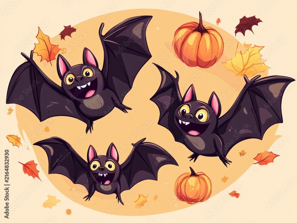 A seamless pattern design features detailed illustrations of cute cartoon bats with open wings and small orange pumpkins on a light orange background.
