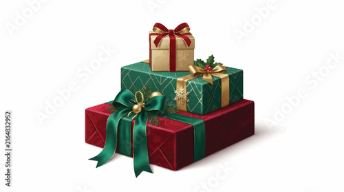 Stack of assorted gift boxes with colorful ribbons for festive celebration and decorative display.