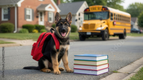 German Shepherd puppy wearing backpack with books on street, school bus, back to school and pet education