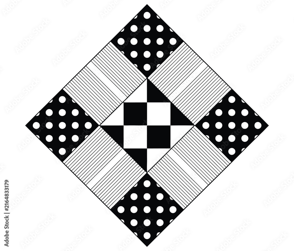 Fototapeta premium Seamless monochrome patchwork vector pattern with black and white geometric tiles, abstract shapes, repeating textile motifs, and contemporary decorative surface design for fabric and backgrounds