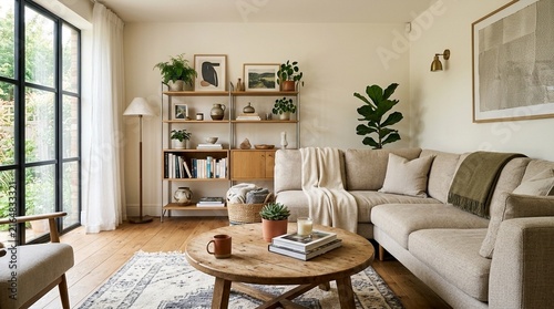 Cozy L-shaped sofa in a bright living room with plants and wooden details.