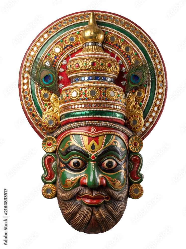 Fototapeta premium Traditional Kathakali Mask with Ornate Headdress on Transparent Background