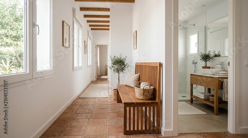 Cozy Mediterranean Hallway and Bathroom with Terracotta Tiles and Wooden Bench