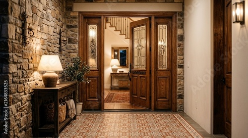 Cozy Luxury Home Entrance - Stone Wall, Wooden Doors, Staircase, Warm Lighting