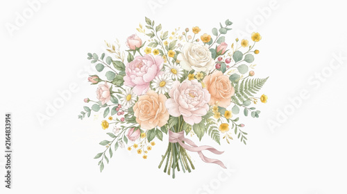Pastel Watercolor Bouquet of Roses and Peonies with Greenery in Soft Romantic Arrangement.