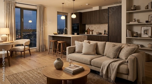 Cozy modern apartment living room and kitchen with city view at dusk, warm lighting