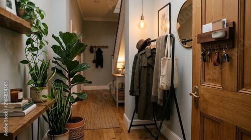 Cozy modern entryway with plants, coat rack, and key holder