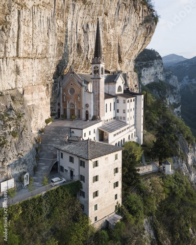 Mountain church Madonna della Corona, aerial view, Lake Garda, Italy
