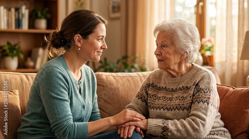 Caring Daughter and Mother Converse on Sofa, Intergenerational Connection