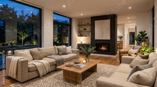 Cozy modern living room with fireplace and large windows at dusk