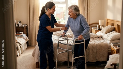 Caring Nurse Assists Elderly Woman with Walker in Cozy Bedroom
