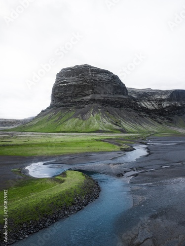Aerial view, lava sand plane Skeidararsandur in front of the rock massif Lomagnupur or Lómagnúpur, South Iceland