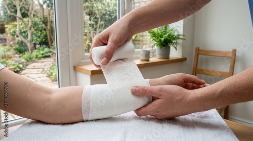 Nurse applying bandage to patient's arm in a bright and cozy home setting