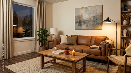 Cozy modern living room with leather sofa and artwork, warm lighting