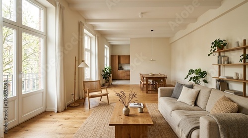 Cozy modern living room with natural light, plants, and wooden furniture