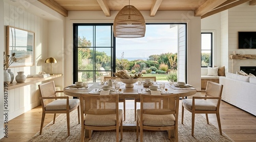 Coastal dining room with ocean view, natural light, and rattan chairs