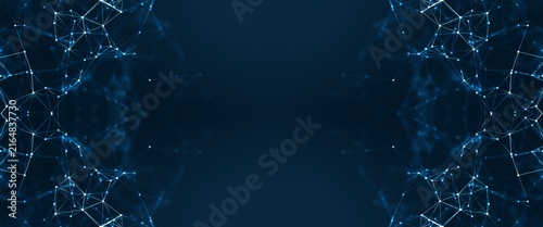 Abstract digital network background with glowing blue nodes and interconnected data lines.