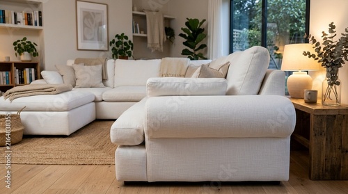 Cozy modern living room with plush white sectional sofa, natural textures, and warm lighting.