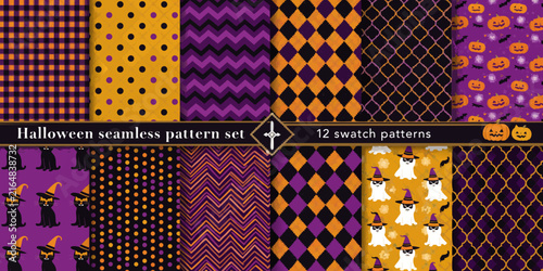 Halloween seamless patterns featuring pumpkins cats and checkered designs