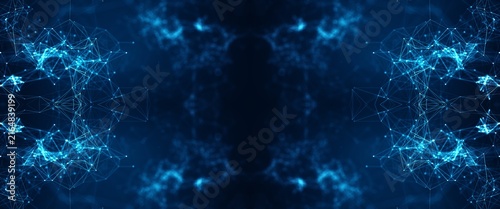 Abstract blue digital network background with glowing particles and data connection nodes.