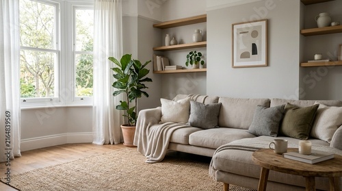 Cozy modern living room with sectional sofa, large window, and plants.