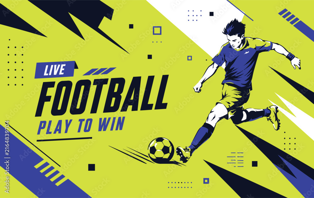 Fototapeta premium Live football sports banner with player kicking ball.