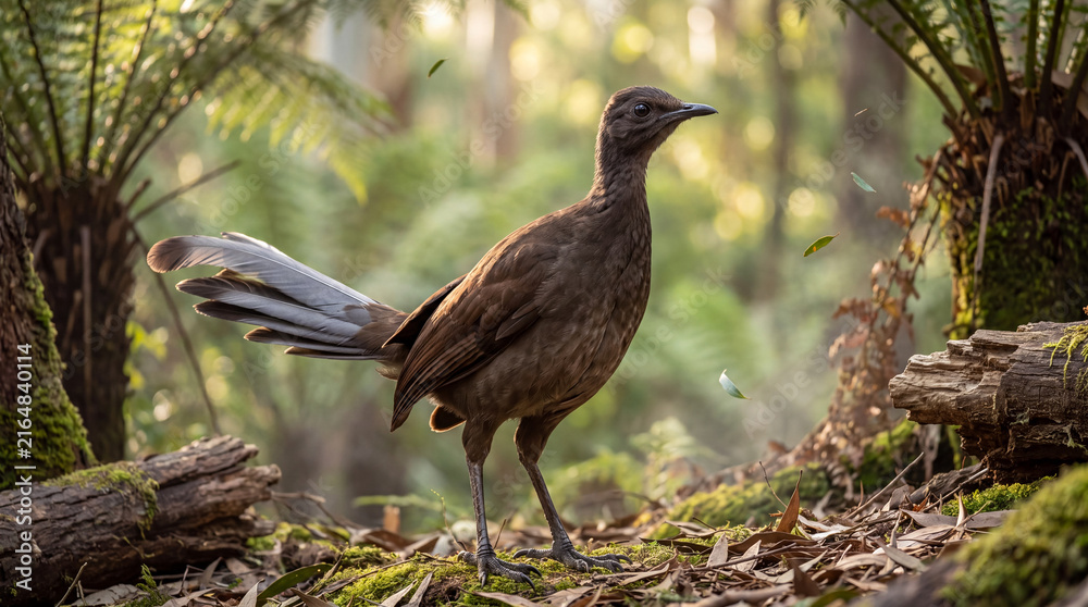 Obraz premium Wild Superb Lyrebird standing proudly on the leaf littered forest floor in a lush green native Australian woodland habitat displaying its unique tail feathers