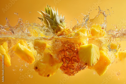 Fresh pineapple splashing in water with tropical fruit slices