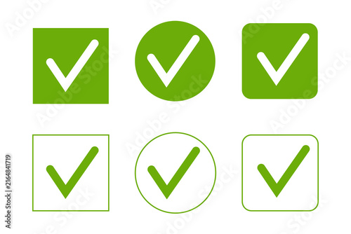 Set of six green checkmark checkbox icons in square, rounded, filled, and outlined styles, ideal for checklists, forms, surveys, approvals, UI design, websites, and presentations, PNG.