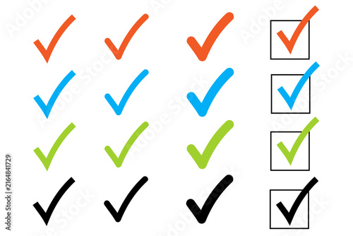 Set of colorful checkmarks in red, blue, green, and black with outlined checkbox variations. Ideal for checklists, forms, surveys, approvals, presentations, UI design. Transparent high-resolution PNG