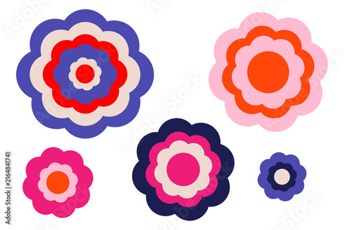 Colorful flower icon collection PNG. Cute layered floral shapes in orange, pink, red and blue, perfect for spring designs, stickers, logos, invitations, branding and social media.