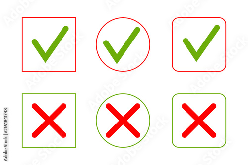 Set of six green checkmark and red X icons with square and circular outlines, ideal for correct and incorrect answers, checklists, surveys, forms, voting, approvals, and digital design. Isolated PNG
