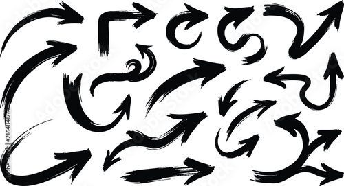 Hand drawn black ink brush stroke arrow set