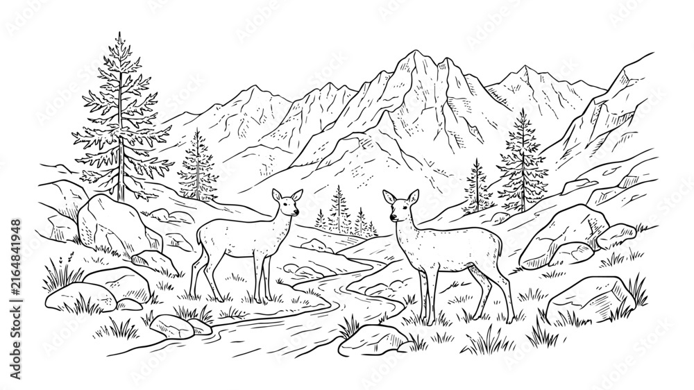 Obraz premium Hand-drawn line art illustration of two deer in a scenic mountain landscape with a winding stream, pine trees, and rocky peaks, perfect for a coloring book page or wilderness design.