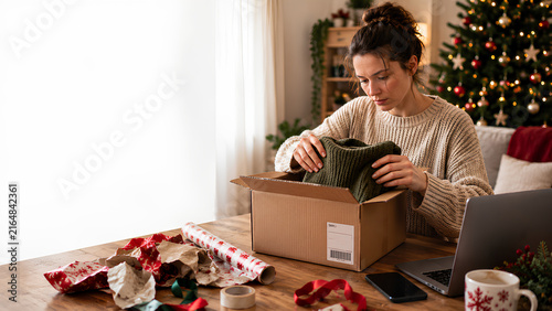Woman Packing Unwanted Christmas Gift for Return at Home