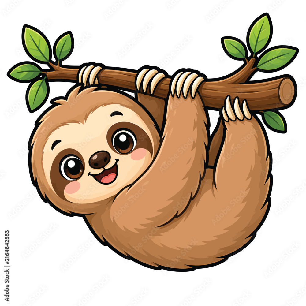 Naklejka premium Cute sloth cartoon hanging upside down from a tree branch, adorable sleepy woodland animal illustration isolated on white background