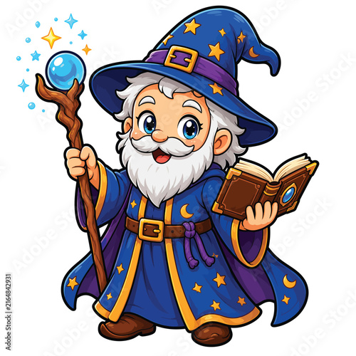 Cute cartoon wizard character holding a magic staff and spell book, adorable fantasy magician illustration isolated on white