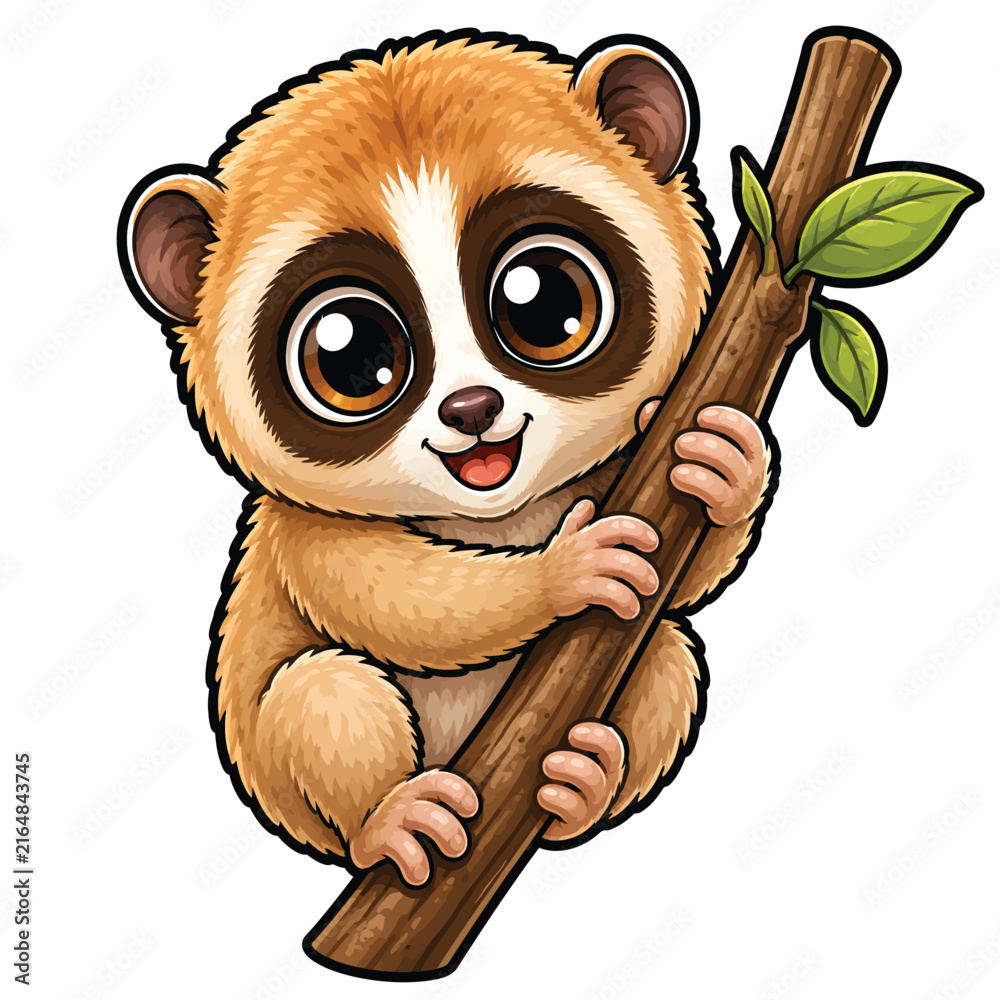 Naklejka premium Cute cartoon sloth climbing a tree branch, adorable slow woodland animal character illustration isolated on white background