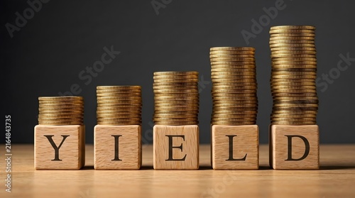 Five increasing stacks of shiny gold coins resting upon wooden alphabet blocks spelling the word yield