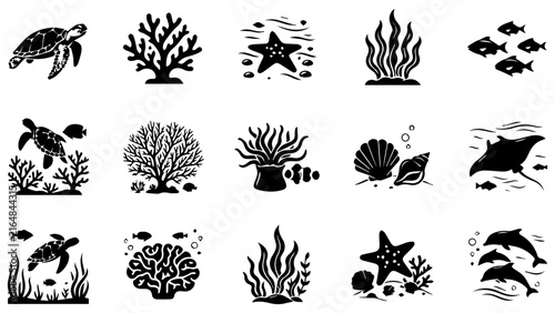 Photography Set of black icons featuring sea animals and ocean plants like turtles coral sta