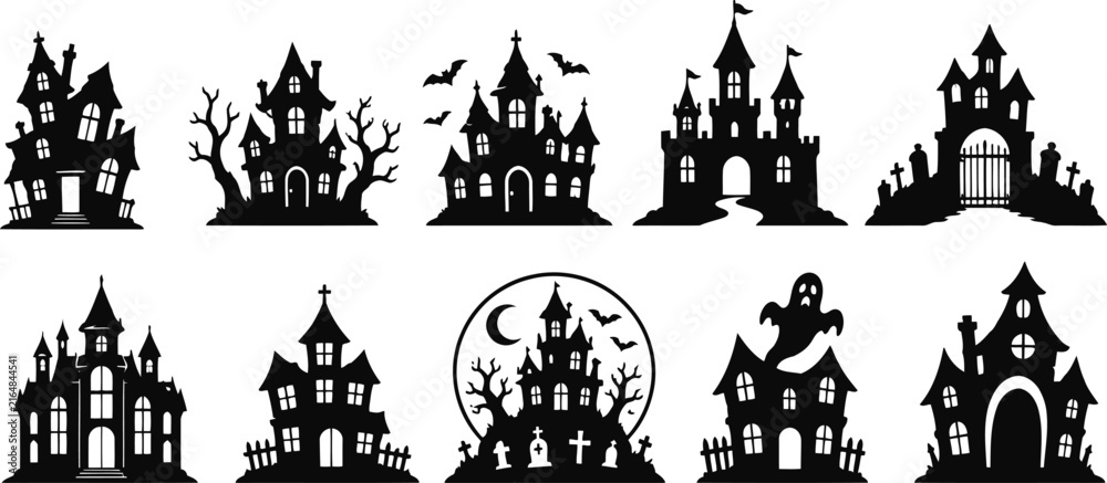 Naklejka premium Spooky haunted house and eerie mansion Halloween vector icons for festive party decor and invites