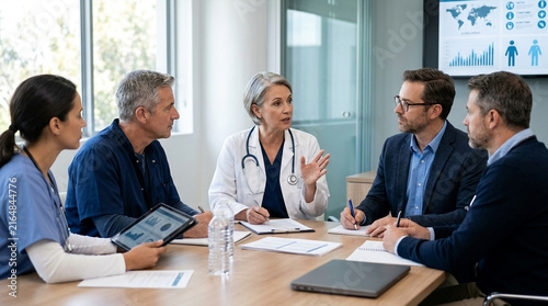 Diverse medical team and business professionals collaborating in a bright modern conference room