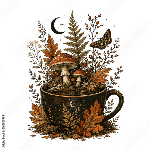 Brown cup filled with mushrooms and ferns surrounded by plants  