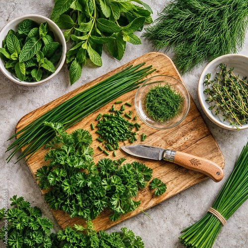 Fresh herbs arranged on a wooden cutting board with knife and bowls  