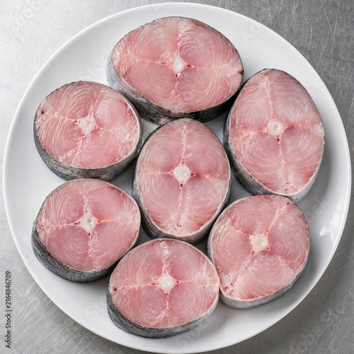 Fresh fish fillets arranged on a white plate ready for cooking  