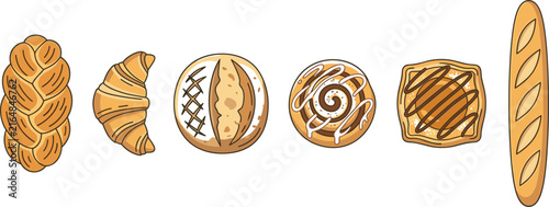 Bakery products bread and pastry icon set featuring braided loaf croissant sourdough cinnamon roll danish and French baguette vector illustration elements