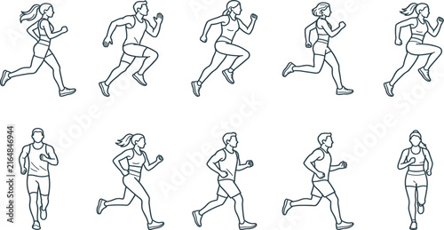 Running people line art icon set featuring men and women jogging in various poses minimalist fitness track athletes workout vector illustration elements